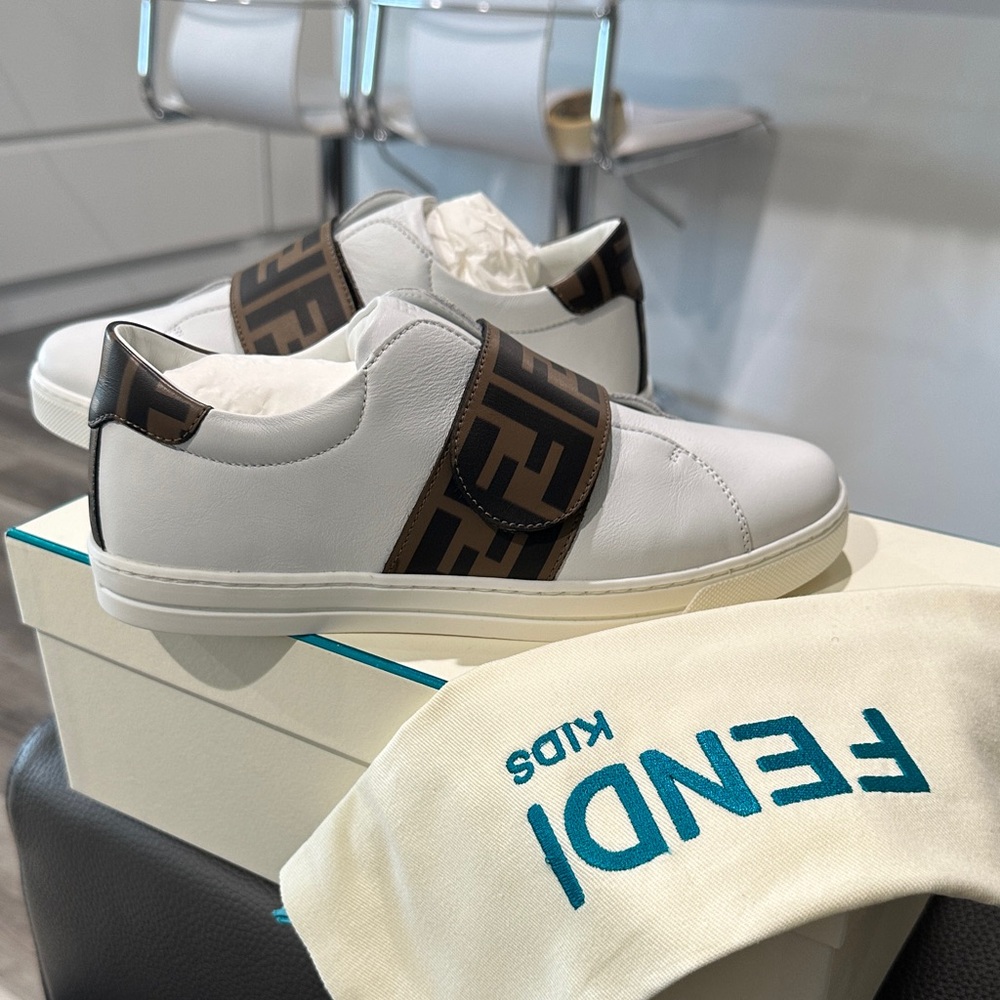 Fendi White Leather Slip-On Sneakers with Brown FF Logo Strap